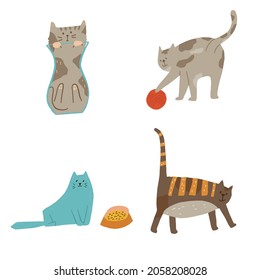 Set of four funny cats. Vector cartoon flat style illustration for stickers. Cat hiding in vase, playing with yarn ball, waiting for food, walking.