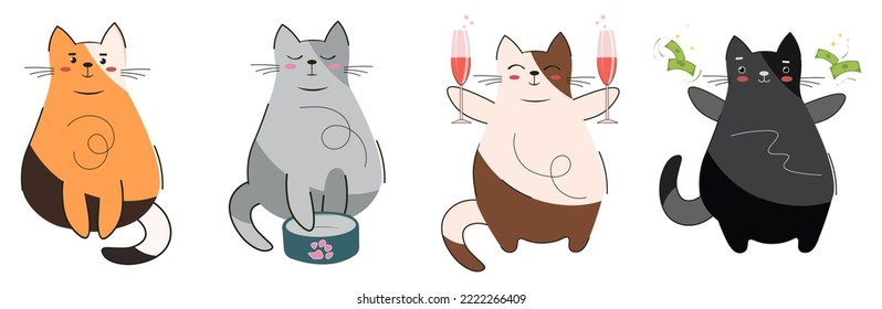 Set of four funny cats. Vector cartoon in flat style for stickers. A cute cat sits, waits for food at the bowl, celebrates with a glass of wine, the winning kitten catches flying banknotes.