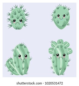 Set of four funny childish cactus emotion icon. Floral background. Cartoon succulent. 