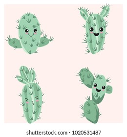 Set of four funny childish cactus emotion icon. Floral background. Cartoon succulent. 