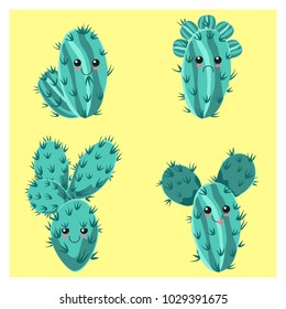 Set of four funny childish cactus emotion icon. Floral background. Cartoon succulent.