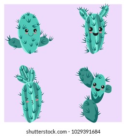 Set of four funny childish cactus emotion icon. Floral background. Cartoon succulent.