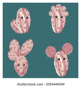 Set of four funny childish cactus emotion icon. Floral background. Cartoon succulent.