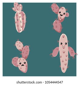 Set of four funny childish cactus emotion icon. Floral background. Cartoon succulent.