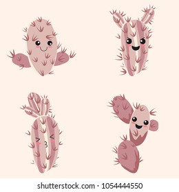 Set of four funny childish cactus emotion icon. Floral background. Cartoon succulent.