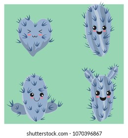 Set of four funny childish cactus emotion icon. Floral background. Cartoon succulent.