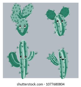 Set of four funny childish cactus. Emotion icon. Floral background. Cartoon succulent.