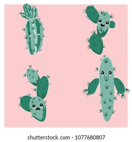Set of four funny childish cactus. Emotion icon. Floral background. Cartoon succulent.