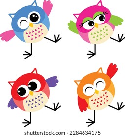 Set of four funny colored owls
