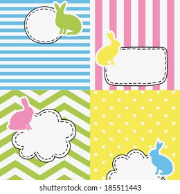 set of four funny colored tags with rabbits, bubbles with empty space for your text, spring holiday design for greeting cards, invitations, stickers, scrapbooking elements
