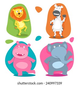 Set of four funny cute cartoon character of wild animal like, lion, zebra, elephant and hippopotamus on beige background.