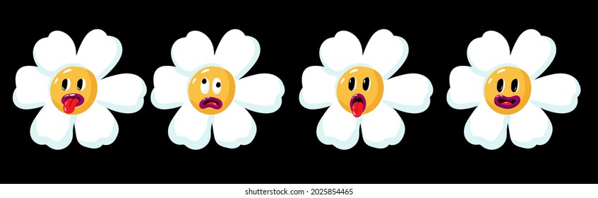 A set of four funny emojis of daisies showing tongue, smiling and crazy. Vector illustration.