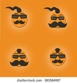 Set of four Funny faces with a mustache and sunglasses on yellow background, vector illustrations.