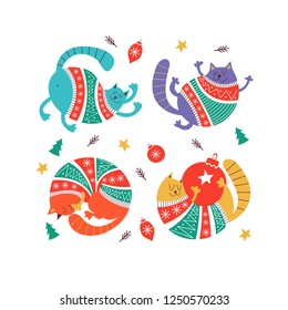 A set of four funny fat cats dressed in knitted sweaters. Vector illustration. One can hold a large red Christmas ball in its paws.