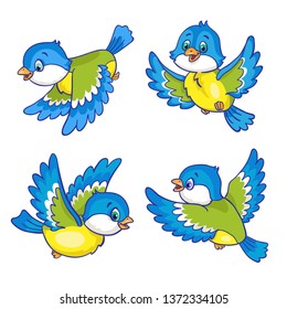 Set of four funny flying titmouses in different poses.  In cartoon style. Isolated on white background. Vector illustration.