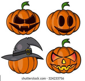 Set of four funny Halloween pumpkins isolated on white background.