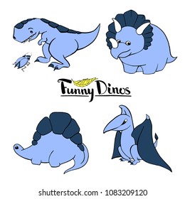 Set of four funny kind children's cartoon dinosaur tyrannosaurus, pterodactyl, triceratops, stegosaurus. hand-drawn vector character illustration.  lettering logo funny dino.