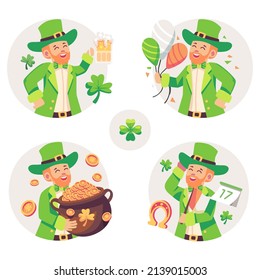 Set of four funny leprechauns in different poses. Saint Patrick's Day. Vector illustration.