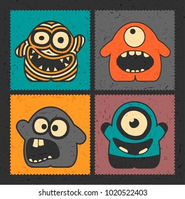 Set of four funny monsters with different emotions on grunge color background. Postage stamp`s with cute colorful robots. cartoon illustration 