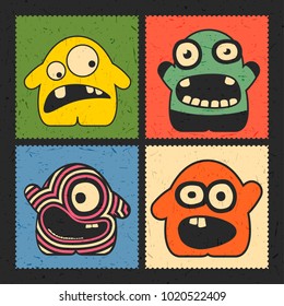 Set of four funny monsters with different emotions on grunge color background. Postage stamp`s with cute colorful robots. cartoon illustration 