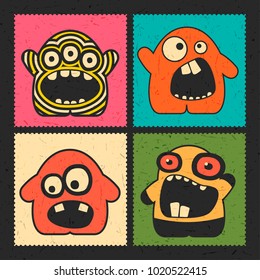 Set of four funny monsters with different emotions on grunge color background. Postage stamp`s with cute colorful robots. cartoon illustration 