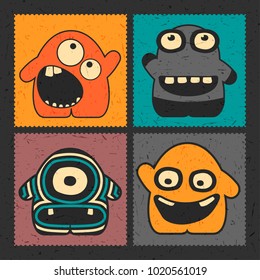 Set of four funny monsters with different emotions on grunge color background. Postage stamp`s with cute colorful robots. cartoon illustration 

