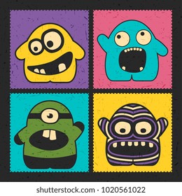 Set of four funny monsters with different emotions on grunge color background. Postage stamp`s with cute colorful robots. cartoon illustration 

