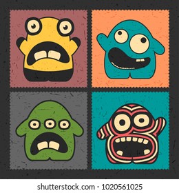 Set of four funny monsters with different emotions on grunge color background. Postage stamp`s with cute colorful robots. cartoon illustration 

