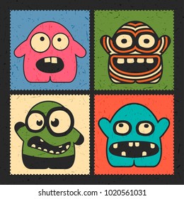 Set of four funny monsters with different emotions on grunge color background. Postage stamp`s with cute colorful robots. cartoon illustration 

