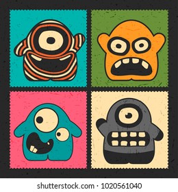 Set of four funny monsters with different emotions on grunge color background. Postage stamp`s with cute colorful robots. cartoon illustration 

