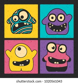Set of four funny monsters with different emotions on grunge color background. Postage stamp`s with cute colorful robots. cartoon illustration 

