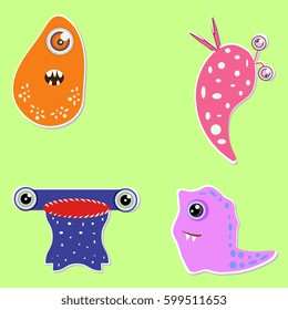 Set of four funny monsters stickers. Emotional funny fictional characters. Vector illustration
