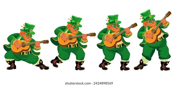 Set of four funny musicians guitarists in leprechaun costumes. People with guitars. Cartoon characters are isolated on white. Illustration for St. Patricks Day, an Irish holiday. Vector.