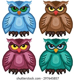Set of four funny ornamental owls with circle elements isolated over white background, cartoon vector illustration