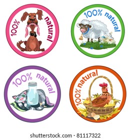 Set of four funny pets labels for natural goods.