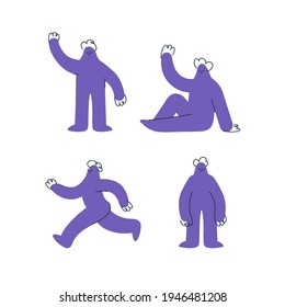 Set of four funny purple hand drawn human characters in different postures making gestures isolated on white background