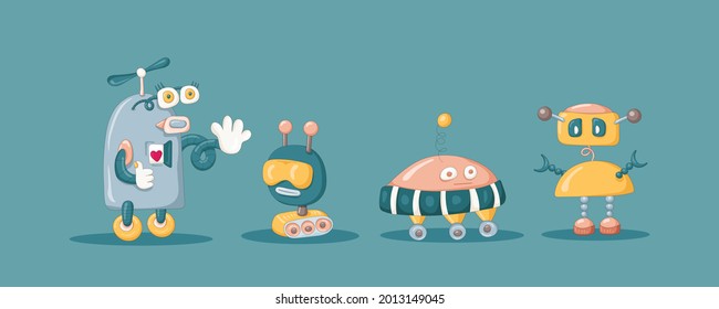 Set of four funny robots on a blue background. 