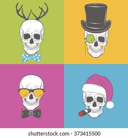 Set with four funny skulls with mustache, bow tie, top hat, cigar, santa hat. Skull print, skull illustration  isolated on colorful background. Vector mode