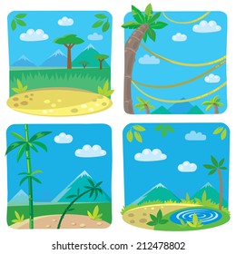 Set of four funny square simple nature background with palm and bamboo, small lake and lians trees, sky and sand. Children vector illustration