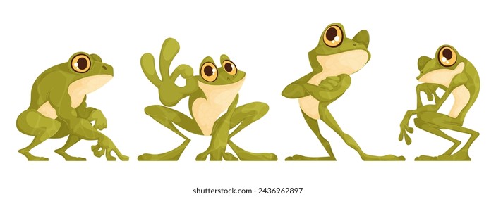 Set of four funny toads in different poses. Green toad of interesting cartoon shape, posing.