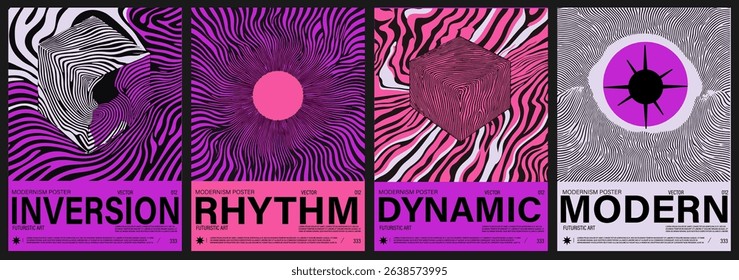Set of four futuristic posters featuring wavy op-art patterns in black, white, pink, and purple. The modernism style merges op-art and bold color trends, popular in digital and graphic design today.