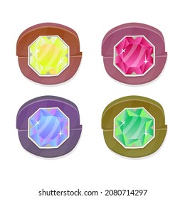 Juego De Cuatro Botones Círculo De Juego Con Tesoros De Gemas En Diferentes Colores En Diseño Vector De Madera Natural