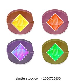 Set Of Four Game Circle Buttons With Diamond Gems In Different Colors In Natural Wooden Style Vector Design