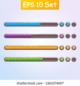 Set of four game resource bar in stone frame. Cartoon style gui elements for mobile game. Vector design template for game, web development.