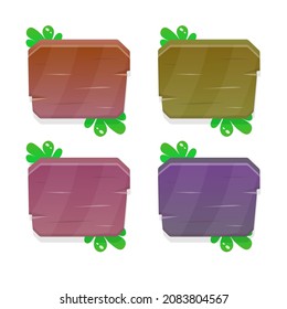 Set Of Four Game Square With Cut Corners And Plants Buttons In Different Colors In Natural Wooden Style Vector Design