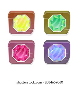 Set Of Four Game Square With  Rounded Corners With Bright Gems Buttons In Different Colors In Natural Wooden Style Vector Design