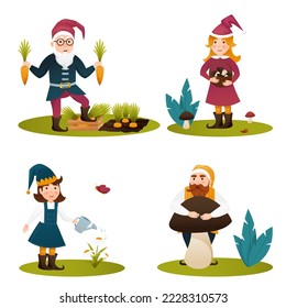 Set of four garden gnomes or dwarfs. Collection cute funny garden gnomes friendly fairy tail character gardener