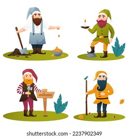 Set of four garden gnomes or dwarfs. Collection cute funny garden gnomes friendly fairy tail character gardener