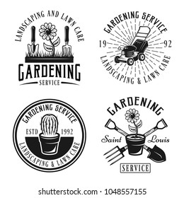 Set of four gardening service vector emblems, badges, labels or logos in retro style isolated on white background