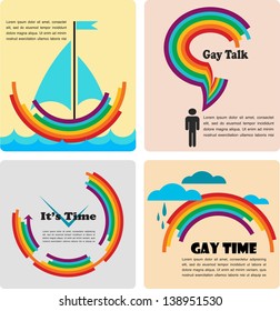 set of four gay icons with clock, rainbow, boat and speech bubble